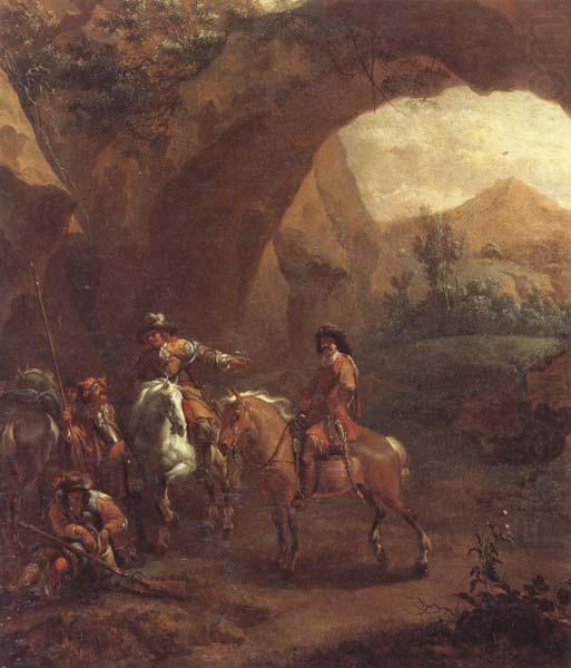 Landscape with troopers and soldiers beneath a rocky arch, Adam Colonia